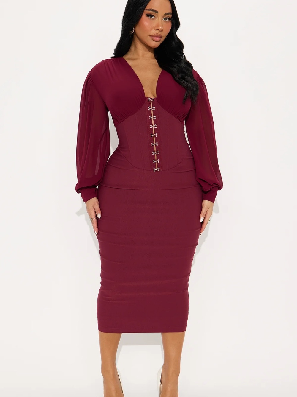 Fashion Nova Burgundy Corset-Front Midi Dress with Sheer Bishop Sleeves